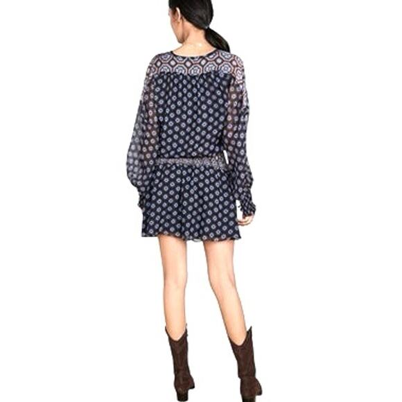 Ramy Brook Printed Davie Silk Smocked V Mini Dress EUC Navy/Pattern Size Small - Picture 3 of 10